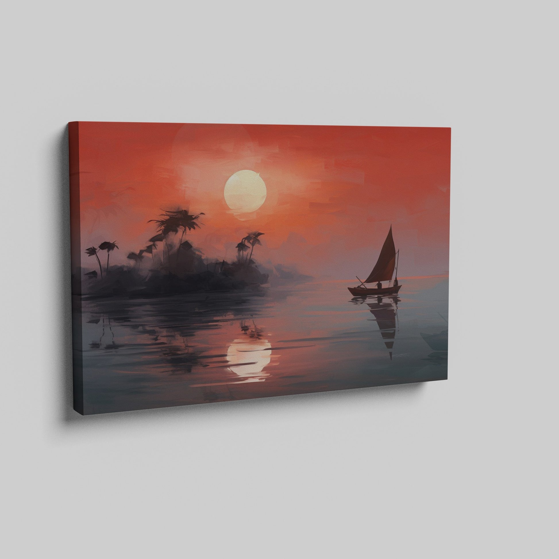 Framed canvas print of a tropical sunset with silhouette of sailboat and palm trees reflection on the water