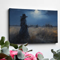 Framed canvas print of a woman in a twilight field under a glowing moon