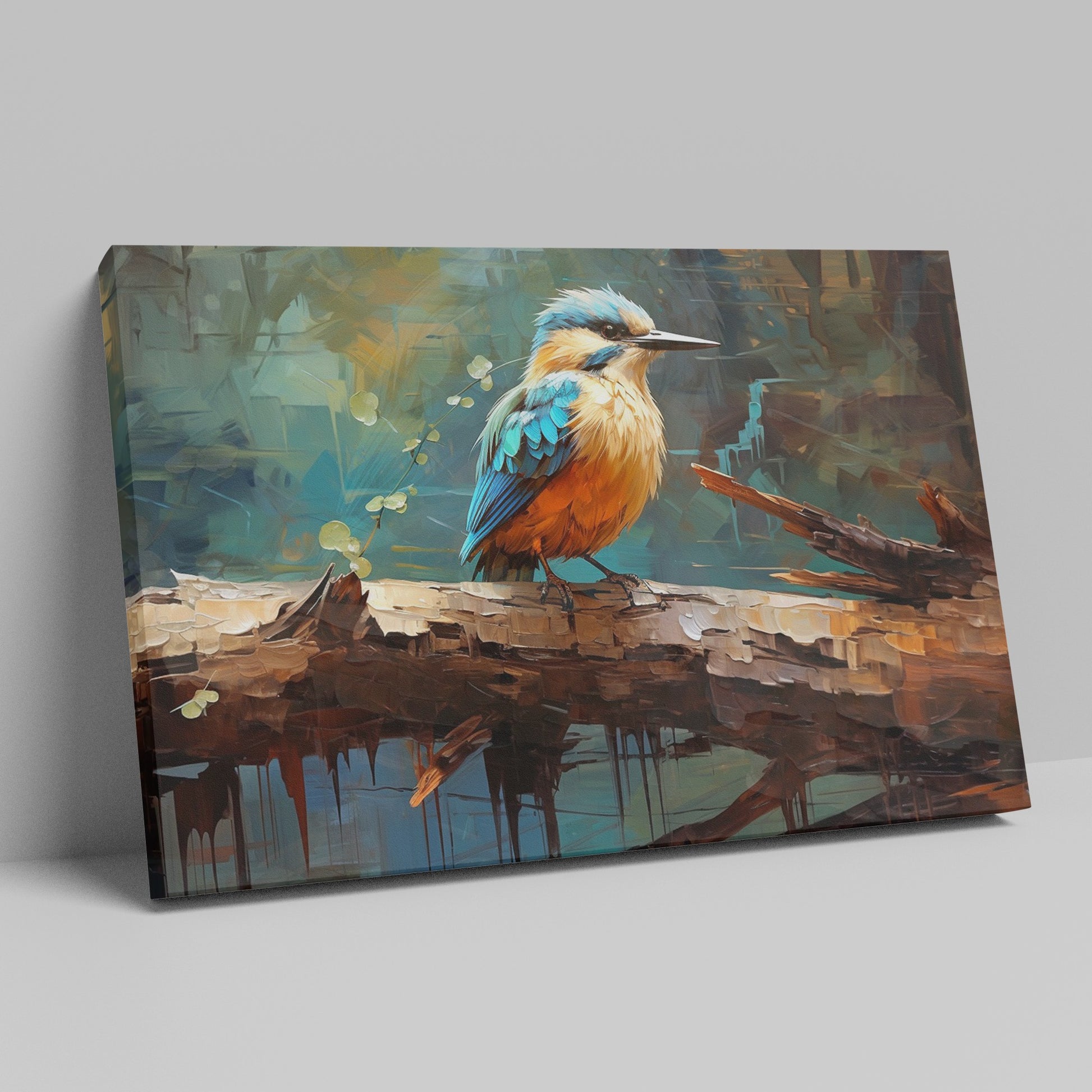 Framed canvas print of a vibrant kingfisher with abstract brushwork and warm colour palette