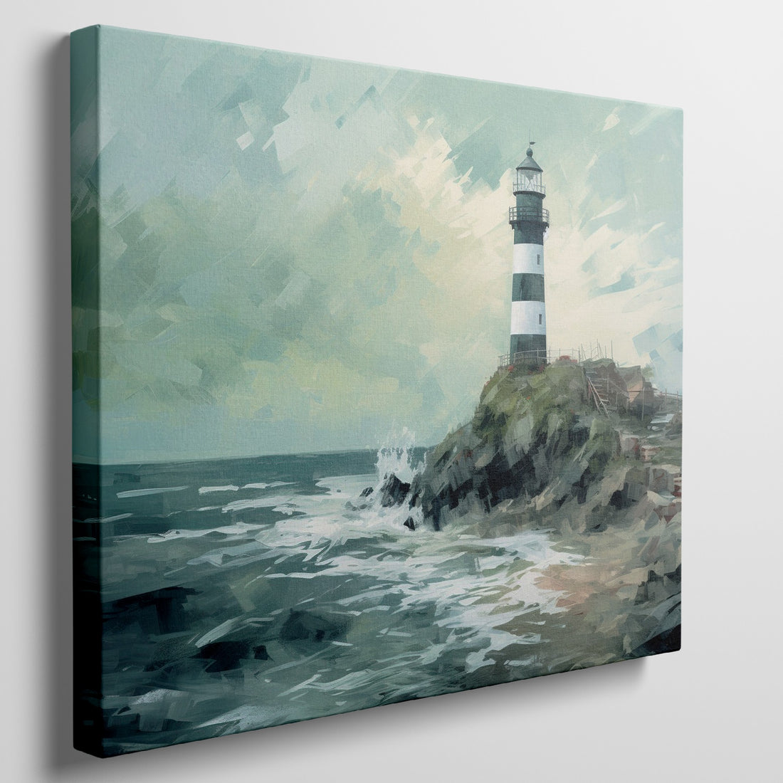 Framed canvas print of an impressionist painting featuring a lighthouse on a stormy coast with waves