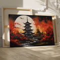 Framed canvas print of a traditional Asian pagoda under a full moon with vibrant autumn red and black colours