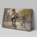 Framed canvas print capturing the movement and energy of young skateboarders at a sunlit urban skatepark