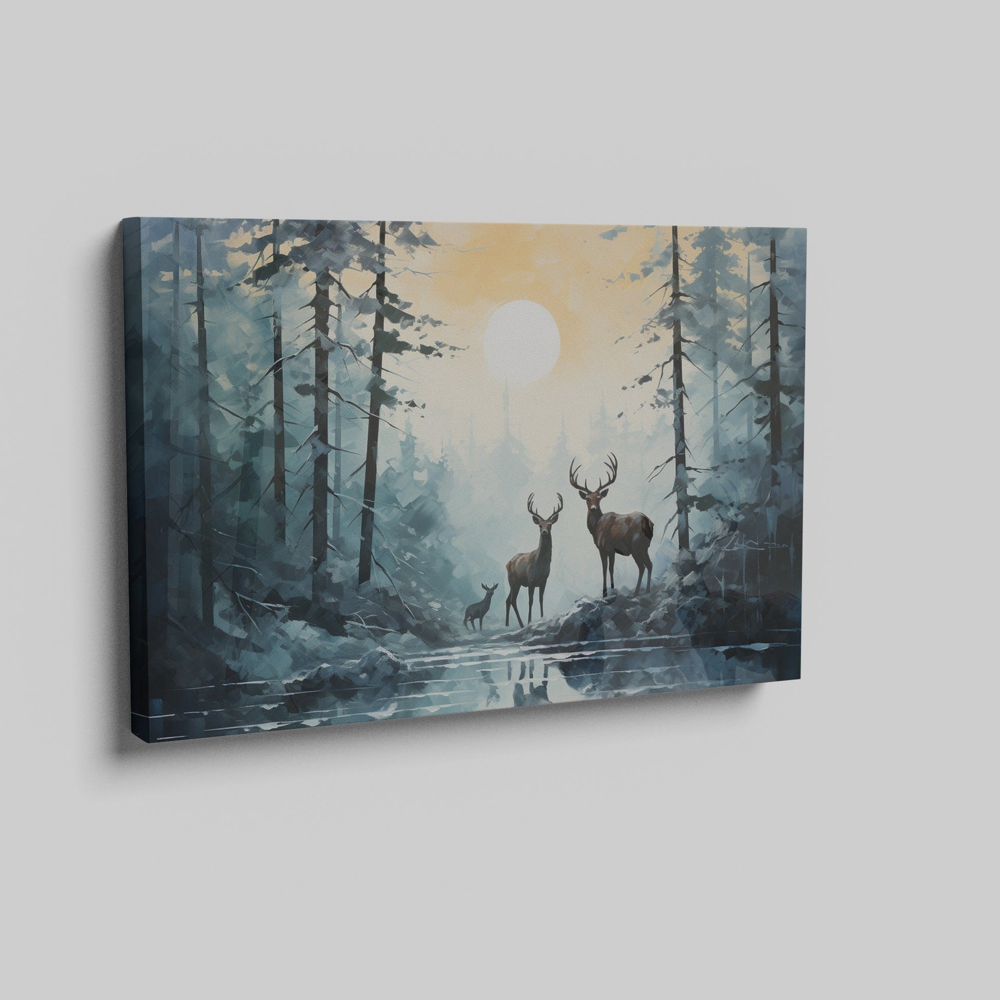 Framed canvas print of a serene forest scene with deer and sunset reflection