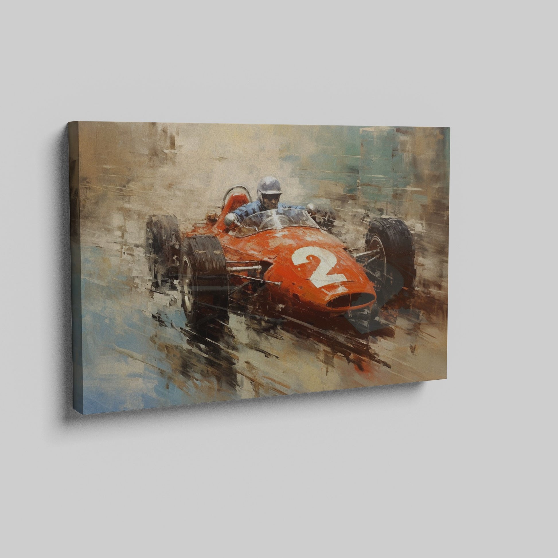 Framed canvas print of a vintage racing car in impressionistic style