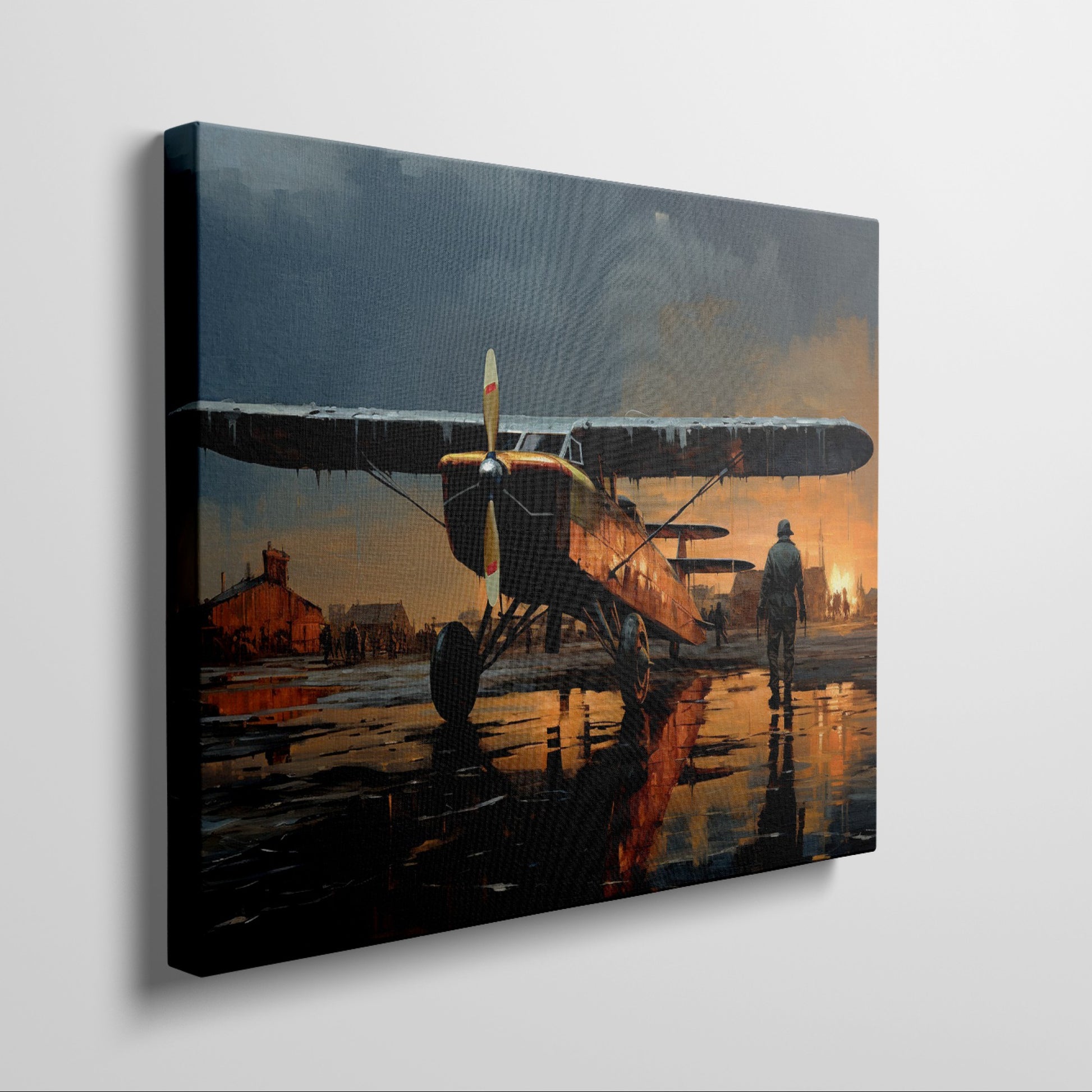 Framed canvas print of a vintage biplane on wet airfield at sunset with pilot walking