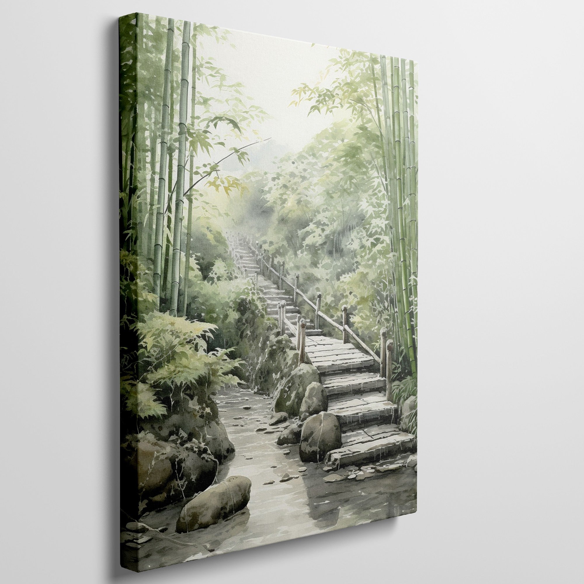 Framed canvas print of tranquil bamboo forest with arched bridge and stream in watercolour