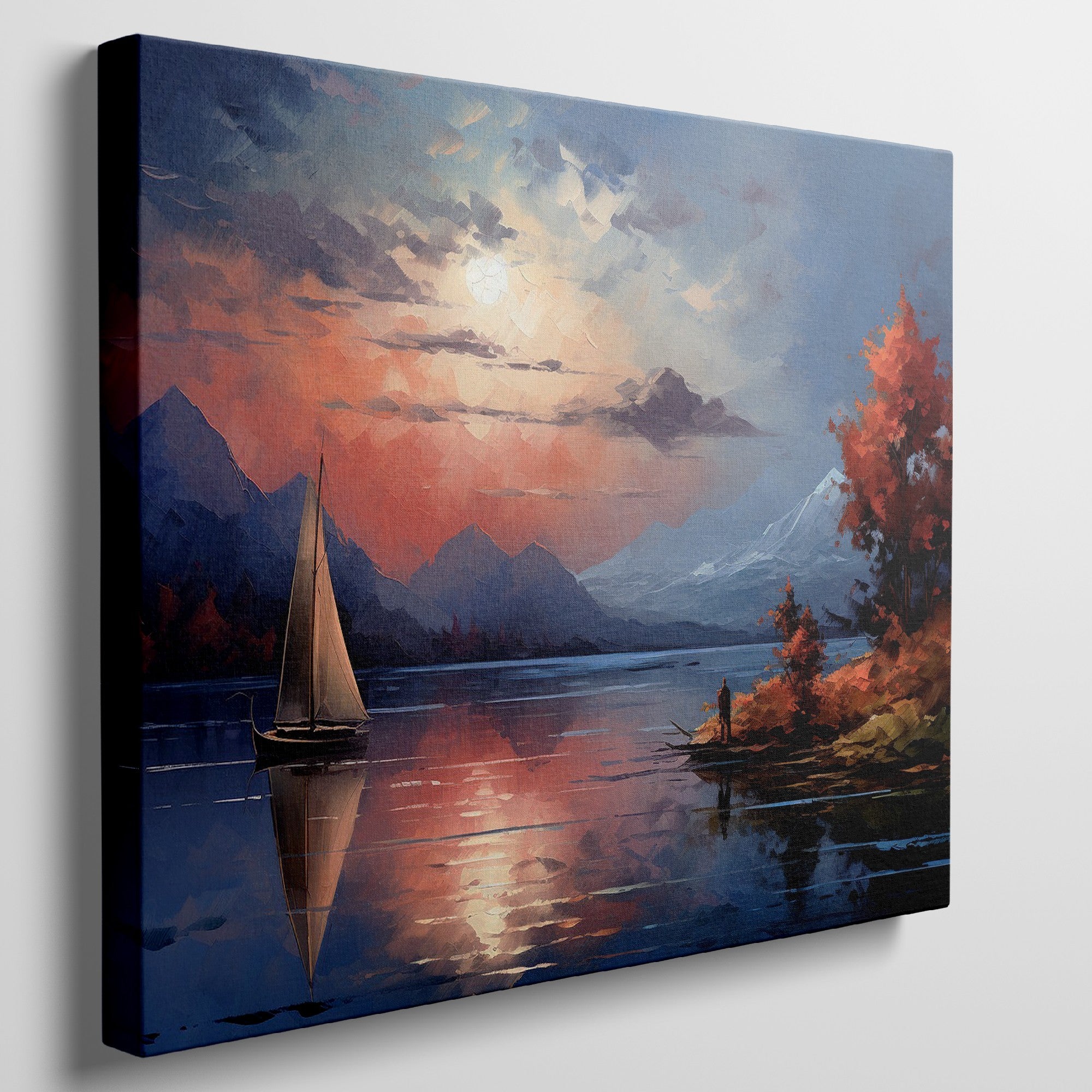 Framed canvas print of an impressionist landscape with a sailboat during sunset, featuring autumnal colours and mountain scenery