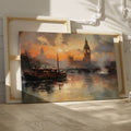 Framed canvas print of London's Big Ben and River Thames at sunset with warm orange hues