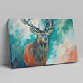 Framed canvas print of a majestic stag with vibrant turquoise and earthy orange tones