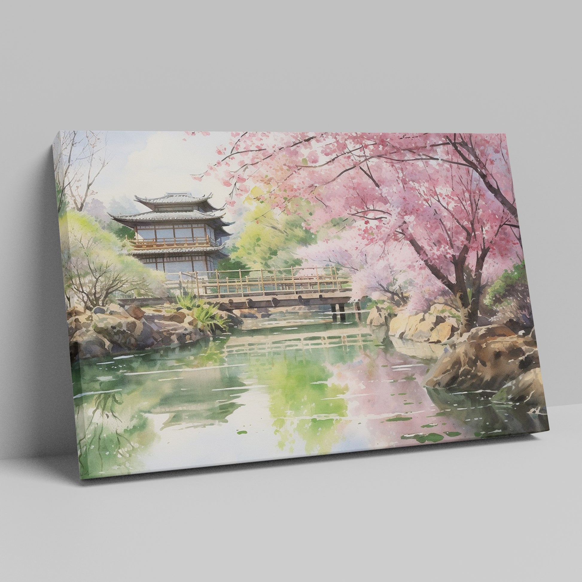 Watercolor painting of a Japanese garden with cherry blossoms, a pagoda, and a reflecting pond