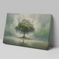 Framed canvas print of a serene landscape with a solitary tree and its reflection amidst ethereal clouds