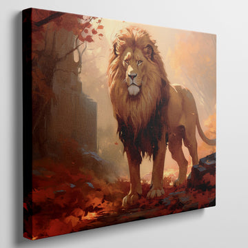 Framed canvas print of a majestic lion in golden autumn forest