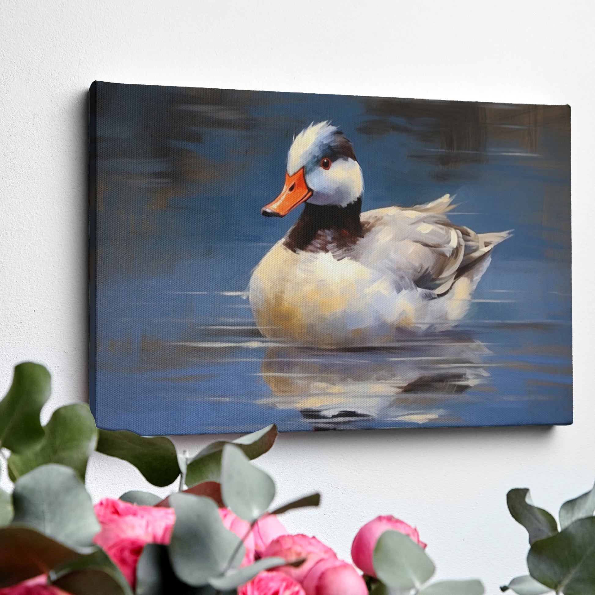 Framed canvas print of an impressionistic painting of a duck on water with blue tones