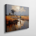 Framed canvas print of a tranquil African savannah landscape with warm sunset and water reflections