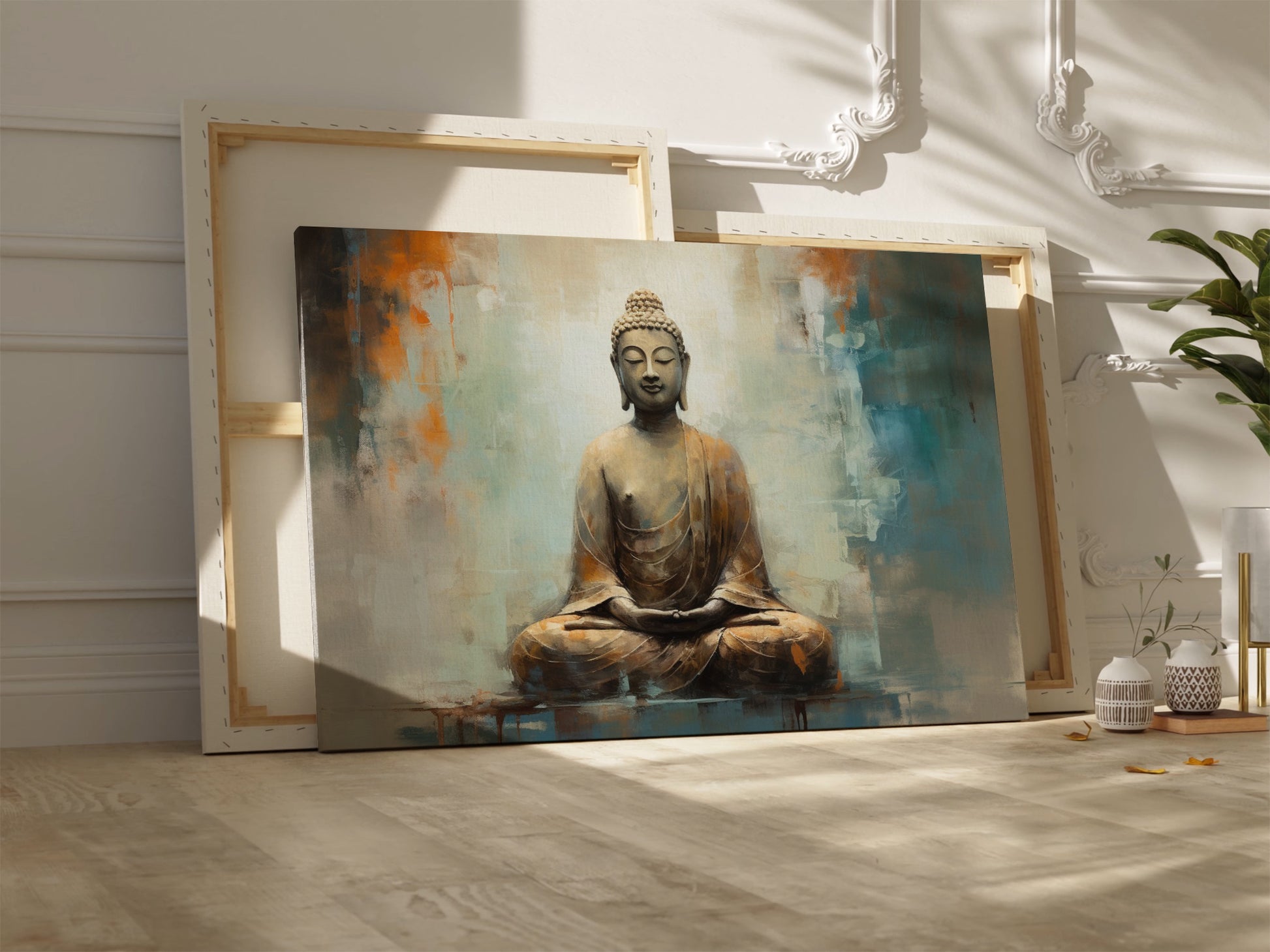 Framed canvas print of a meditative Buddha statue with abstract background in warm and neutral tones