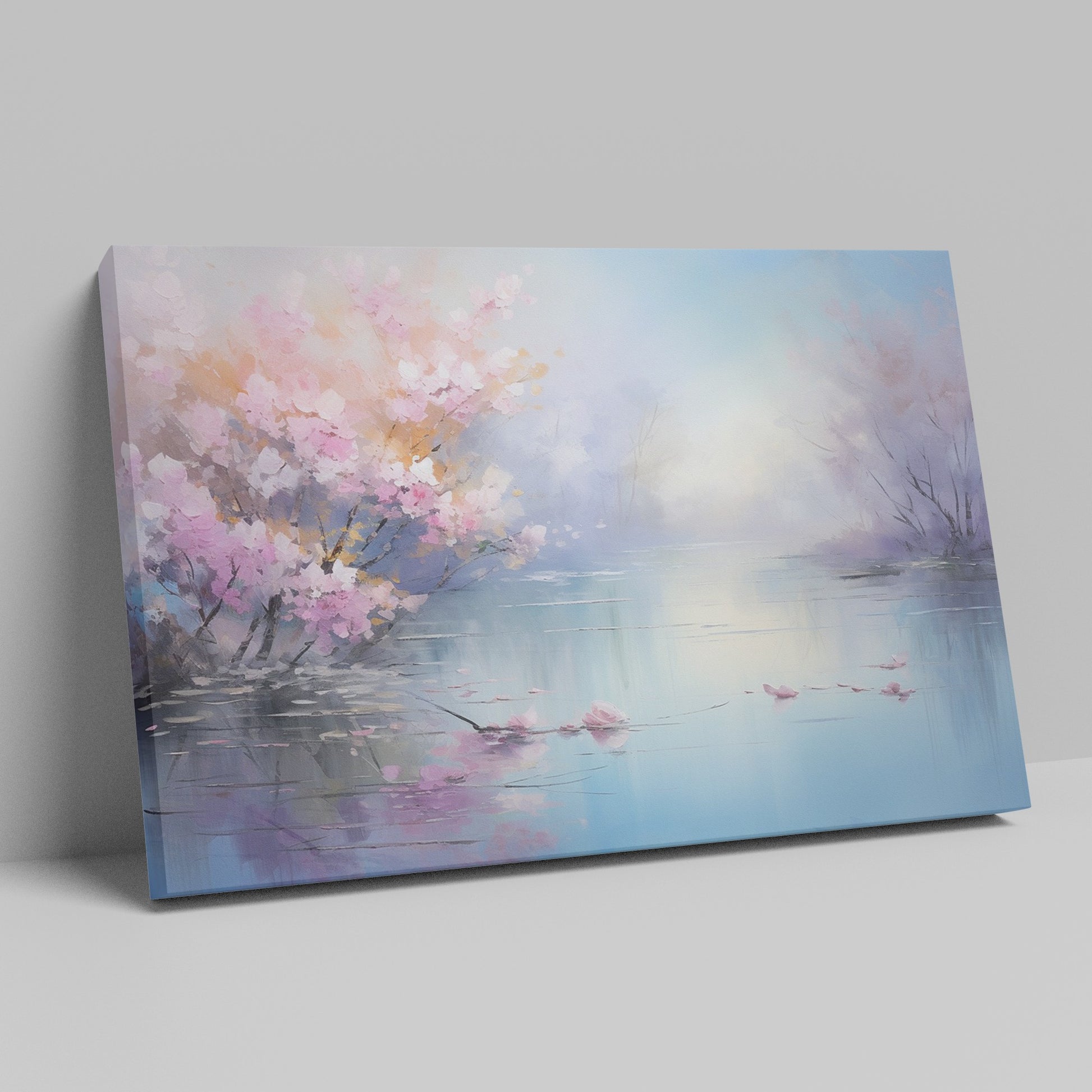 Framed canvas print of impressionist lakeside scene with blooming cherry blossoms and tranquil water reflections in pastel colours.