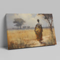 Framed canvas print of an impressionist African Savannah with a woman in traditional dress and elephant herd