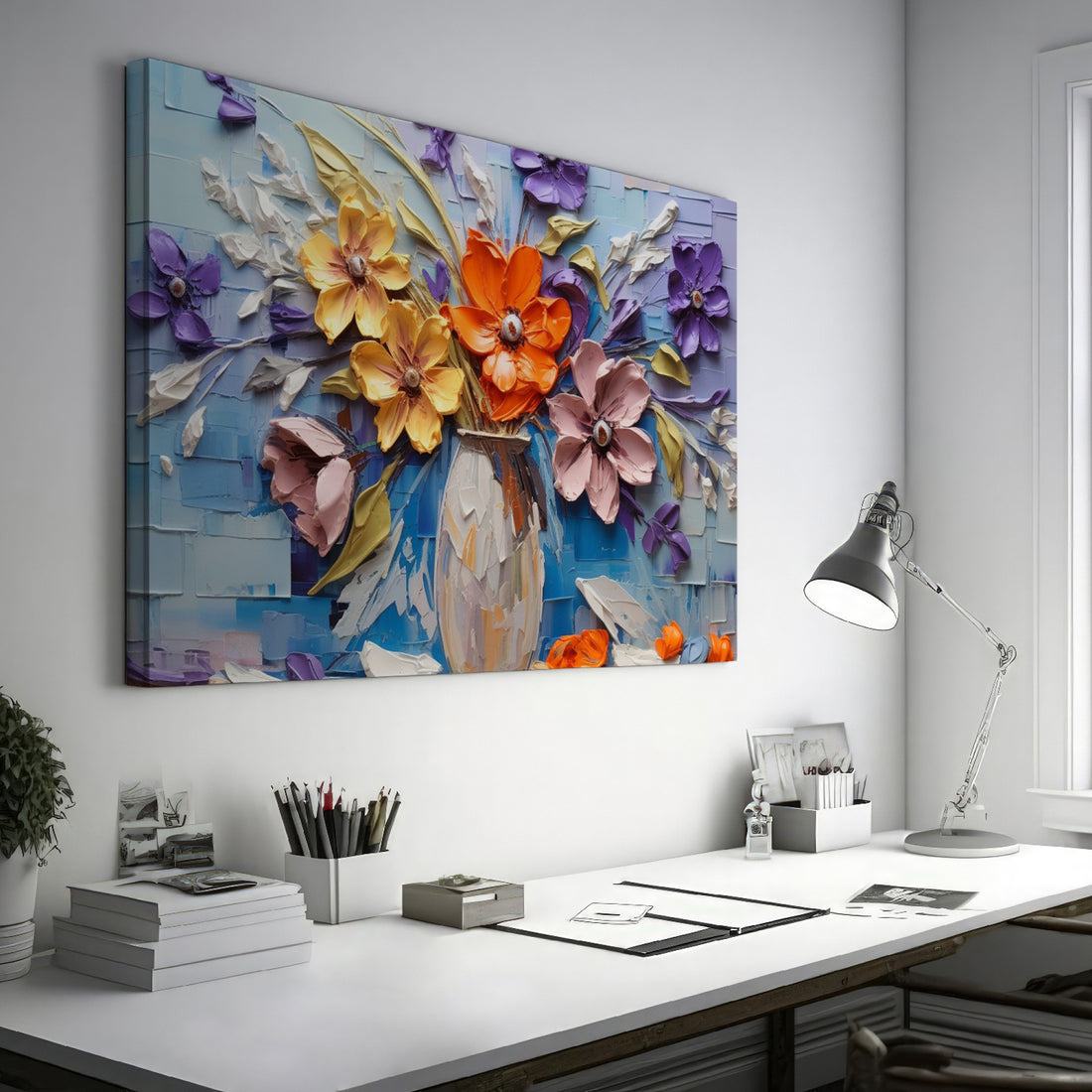 Framed canvas print of embossed and textured colourful flowers in impasto style