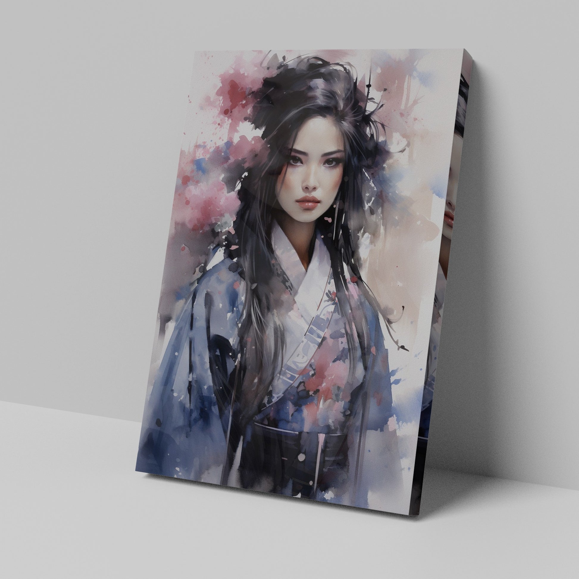 Watercolour portrait of a woman with abstract floral elements in blue and pink tones.