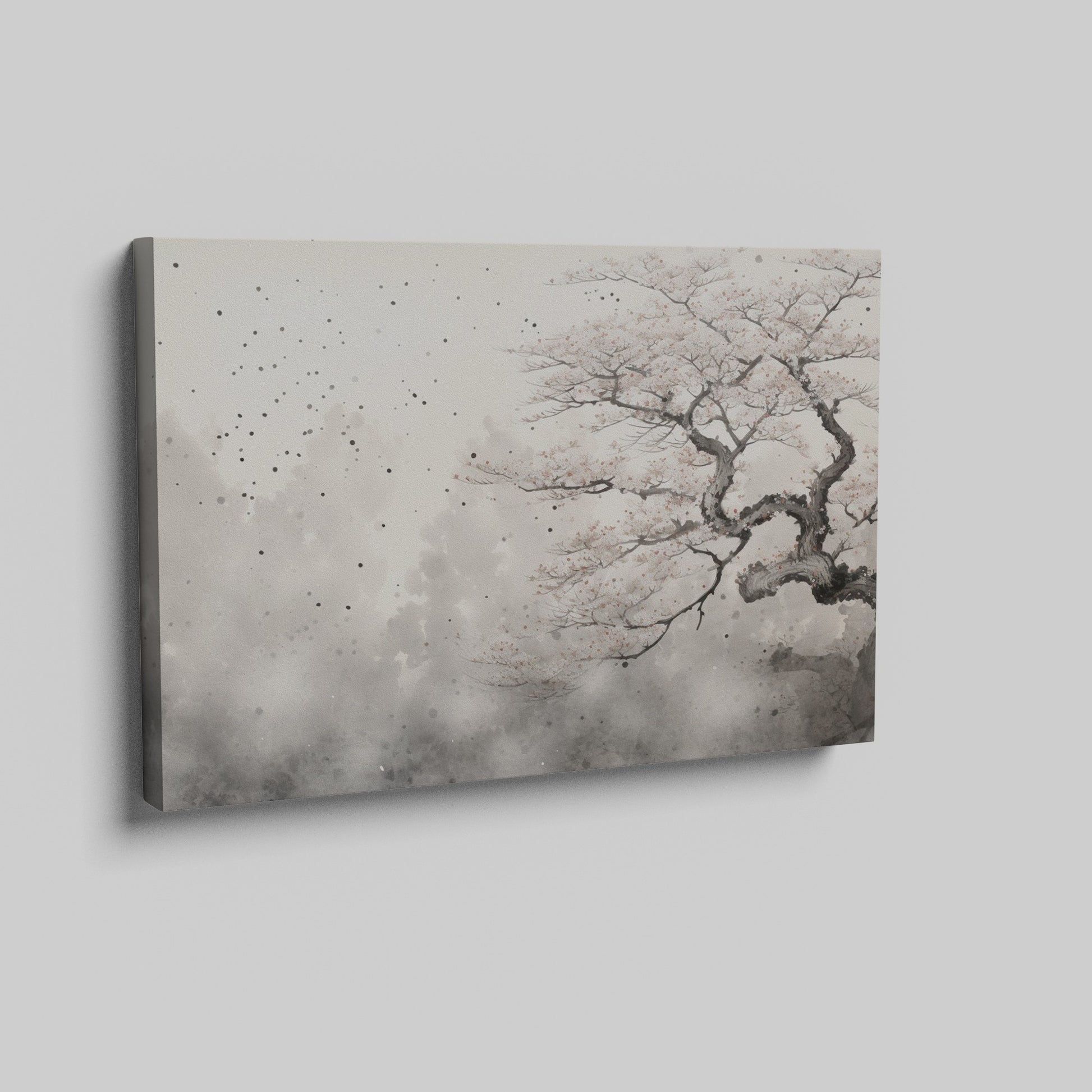 Framed canvas print of cherry blossom tree with ink wash effect