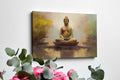 Framed canvas print of serene meditating Buddha in golden hues with reflective background