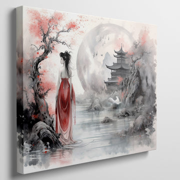 Framed canvas print of an Oriental landscape with a lady in red, cherry blossoms, and a traditional pagoda