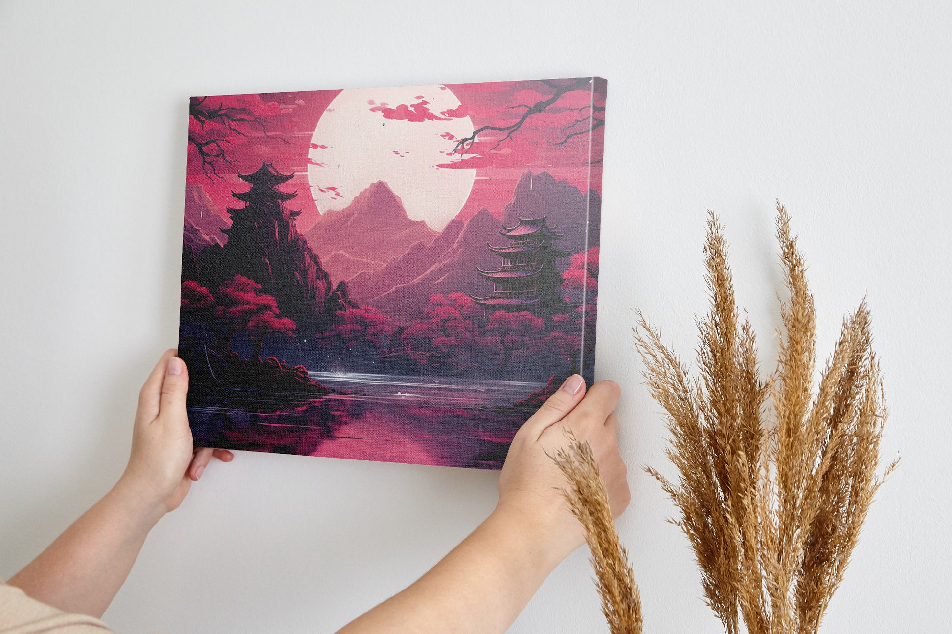 Framed canvas print of Oriental landscape with pagodas, cherry blossoms, and a full moon