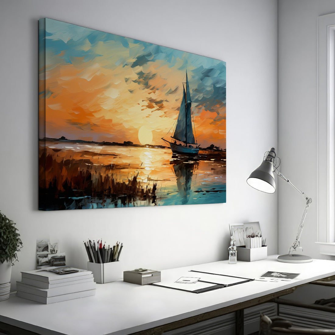 Framed canvas print of an impressionist painting depicting a sailboat at sunset with vibrant oranges and blues