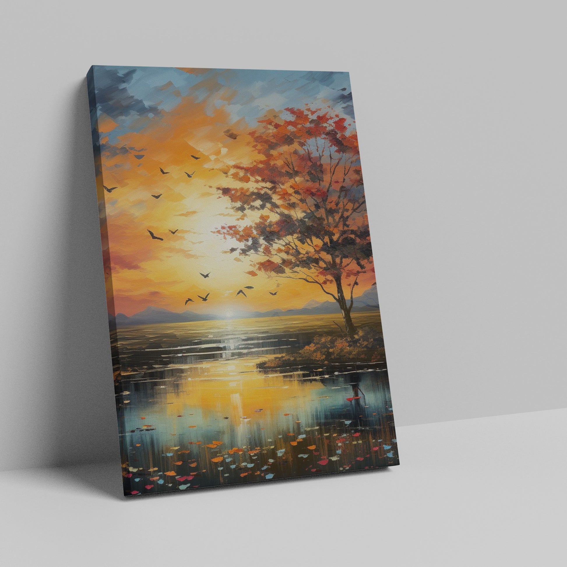 Framed canvas print of a picturesque autumnal sunset with vibrant orange sky and tree reflections on the water