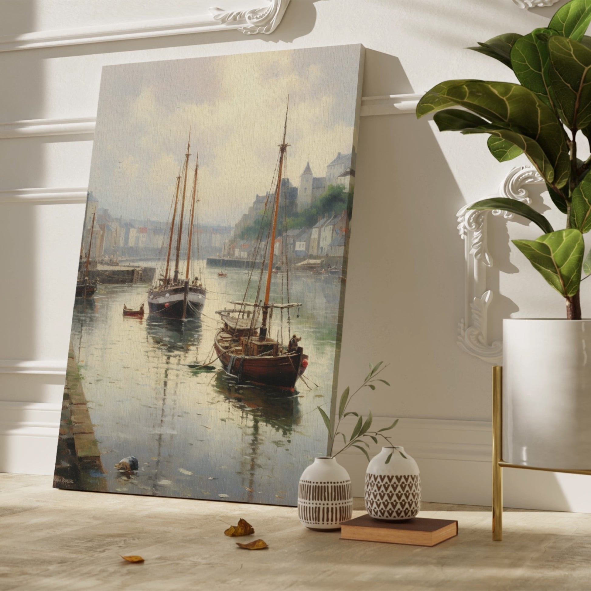 Framed canvas print of a tranquil harbour with vintage sailboats and quaint buildings