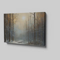 Framed canvas print of a tranquil snowy forest glade with soft dawn light filtering through the trees