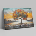 Textured canvas art of a tree with autumn leaves and a serene sunset in the background