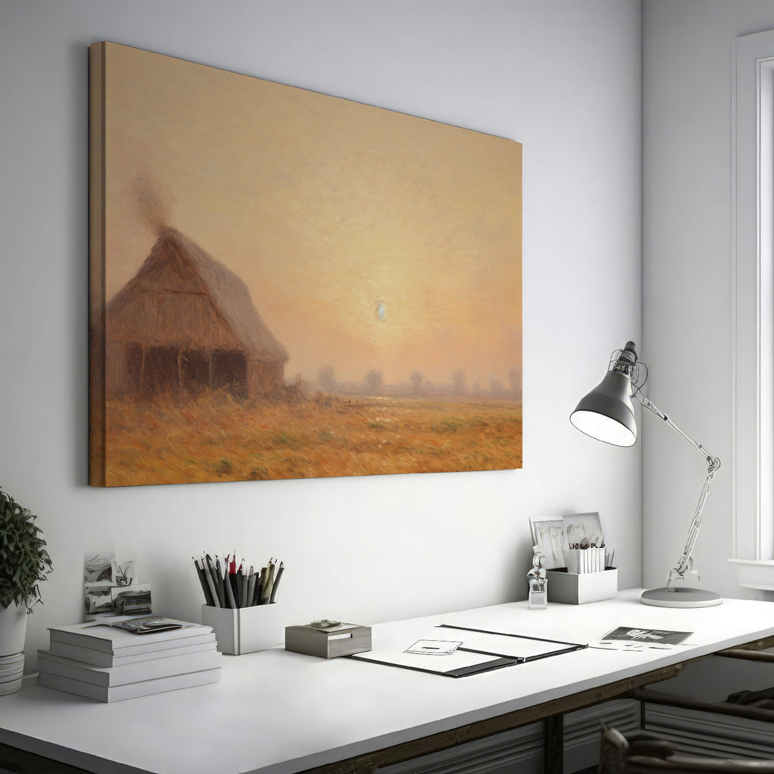 Framed canvas print of golden sunrise with a thatched cottage in a tranquil countryside scene