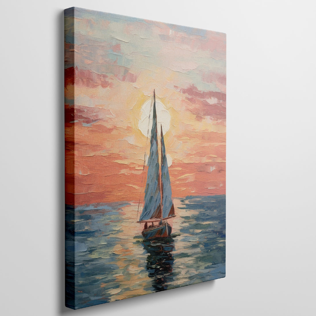 Impressionist painting of a sailboat sailing at sunset with a vivid orange sky reflected in the sea.