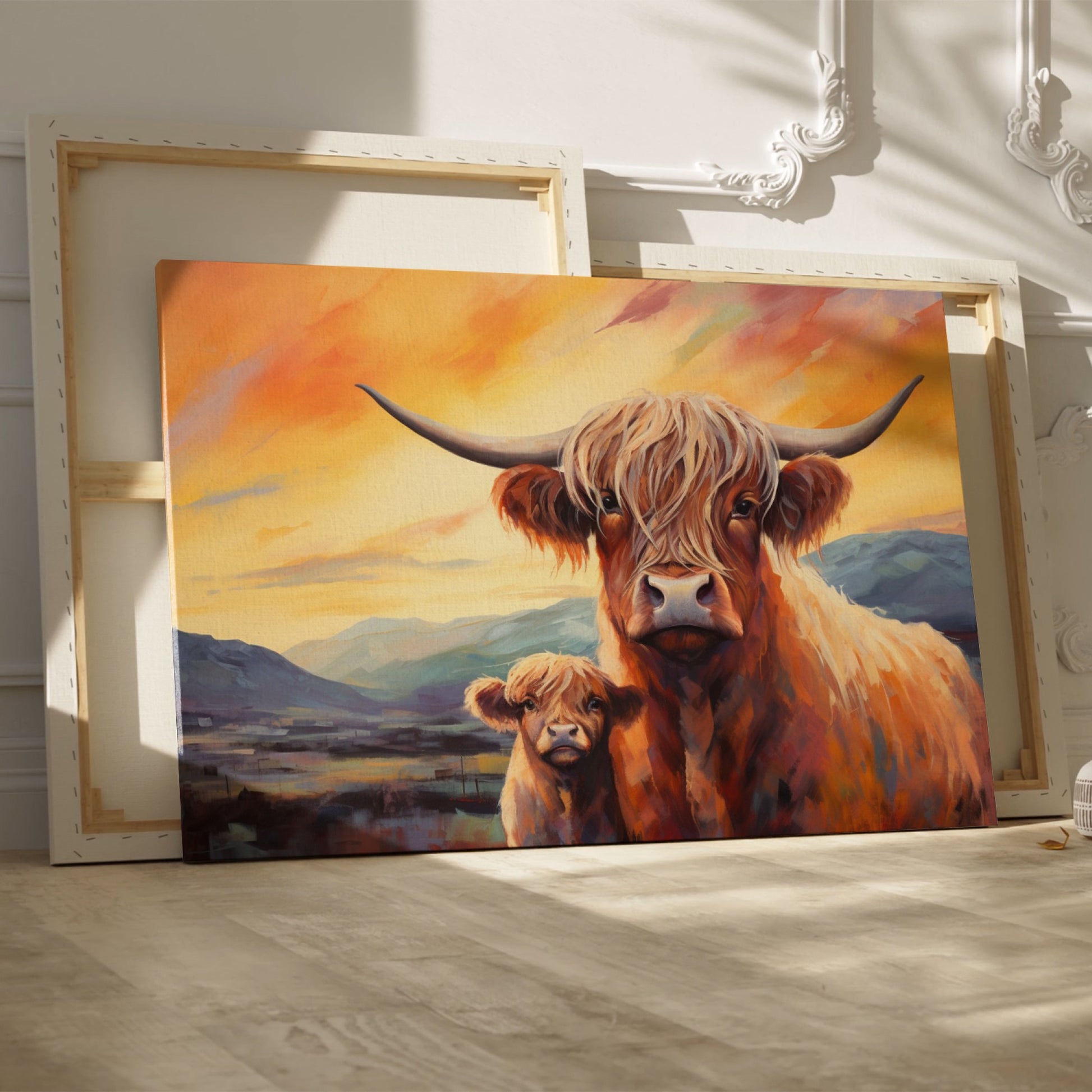 Framed canvas print of Highland cattle with calf at sunset, warm tones and mountain backdrop