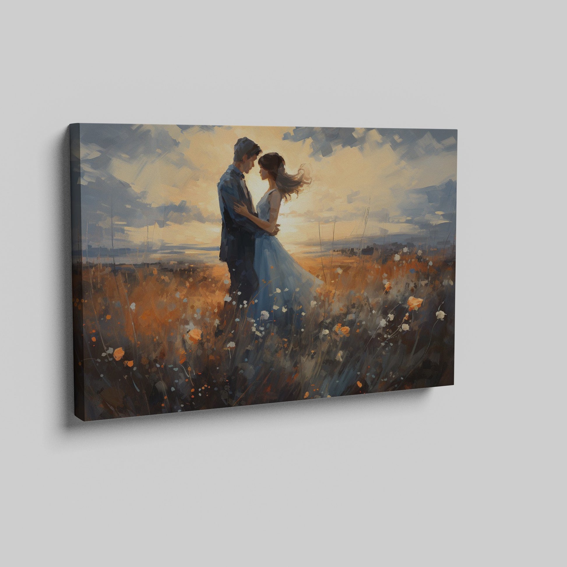 Framed canvas print of a couple embracing in a field at sunset with vibrant colours