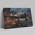 Framed canvas print of a vintage WWII fighter plane on a reflective rainy tarmac