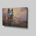 Framed canvas print of a serene dog portrait at sunset with warm amber and lavender tones