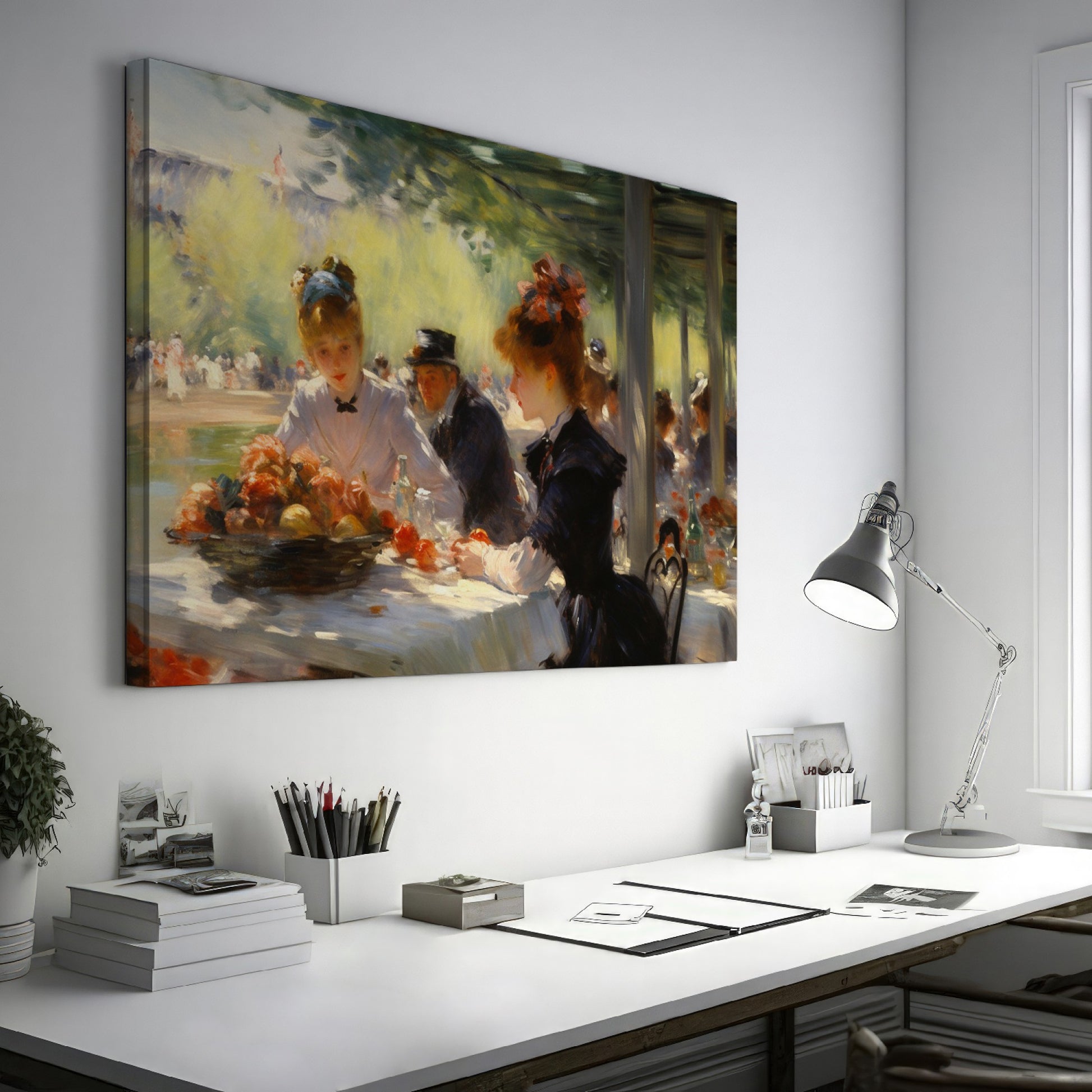 Framed canvas print of a 19th-century Impressionist dining scene with figures in elegant attire.