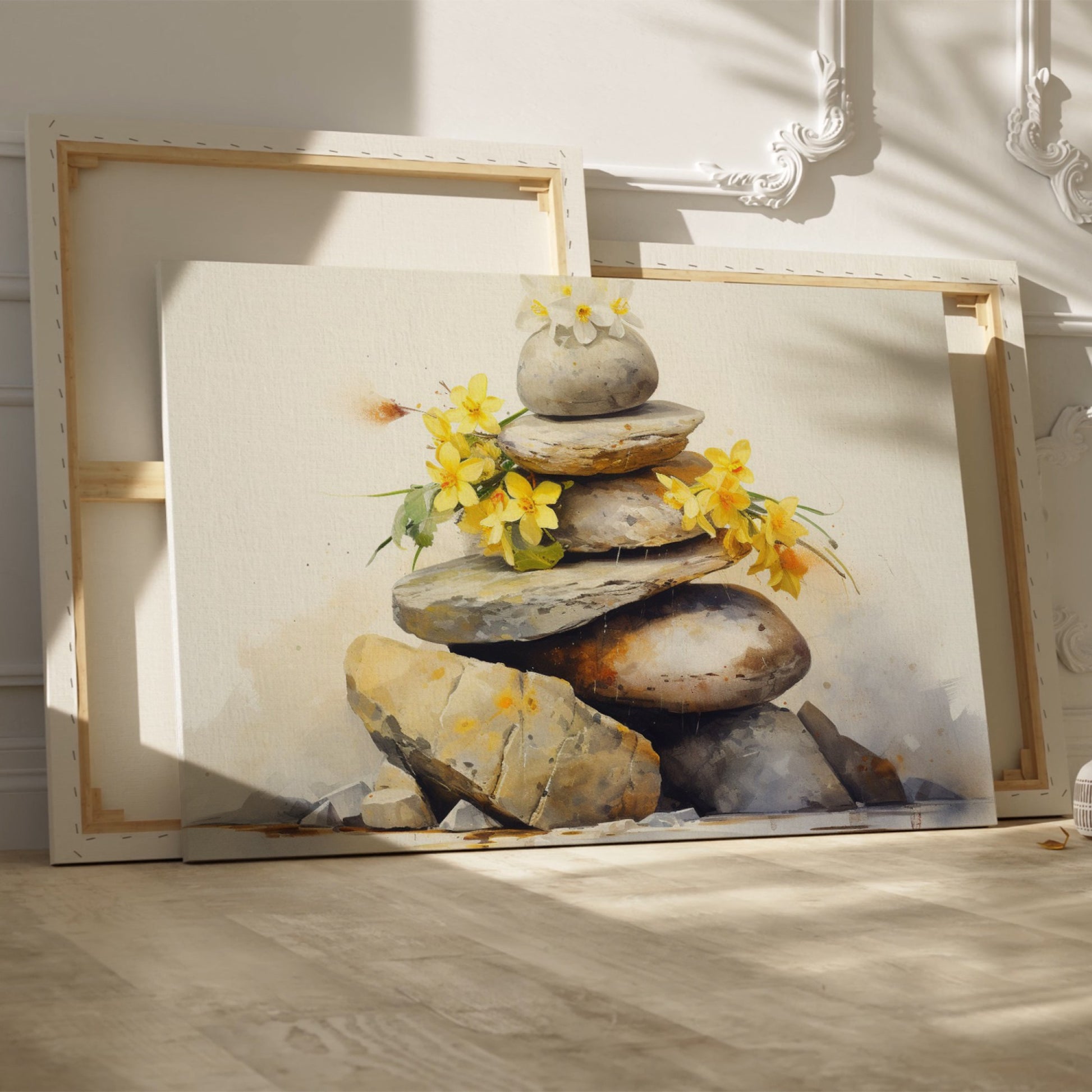 Framed canvas print of Zen rocks stacked with yellow flowers in watercolour