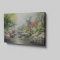 Framed canvas print of a serene Japanese garden with a bridge, waterfall, and flowers