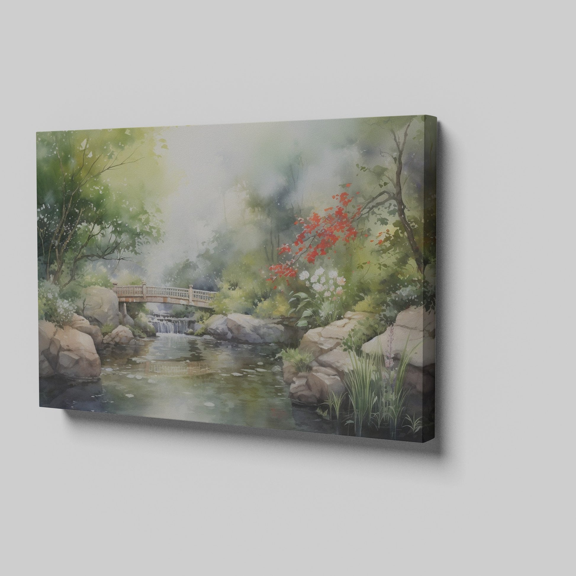 Framed canvas print of a serene Japanese garden with a bridge, waterfall, and flowers