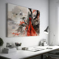 Framed canvas print of a traditional geisha in vibrant red, set against an oriental landscape with ink wash