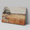 Framed canvas print of a rustic barn in autumn with golden fields and a stone pathway