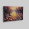 Framed canvas print of tranquil sunset over a lake with a thoughtful woman and colourful water lilies