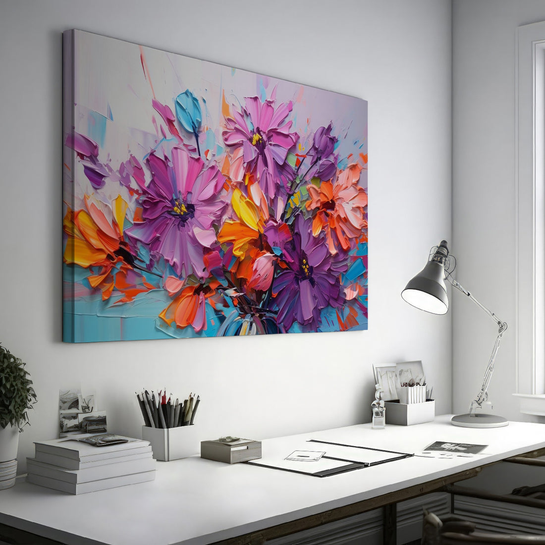 Framed canvas print of vibrant botanical impasto, with textured flowers in bright colours