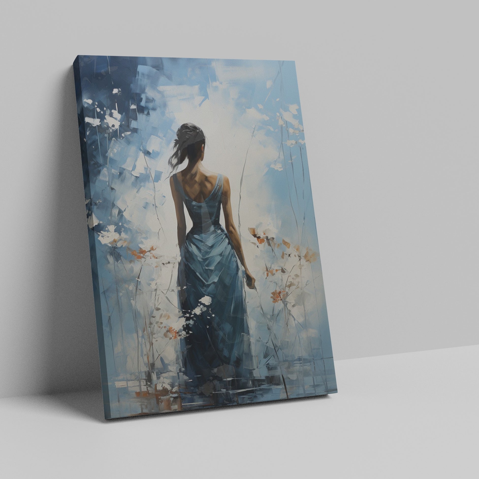 Framed canvas print of an abstract painting depicting a woman in a blue dress with a tranquil, flowy design against a blue and white background