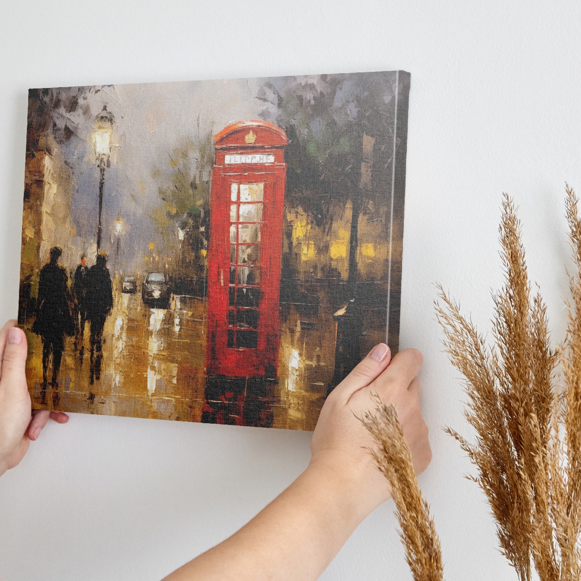 Framed canvas print of an impressionistic painting of a rainy London street with a red telephone box