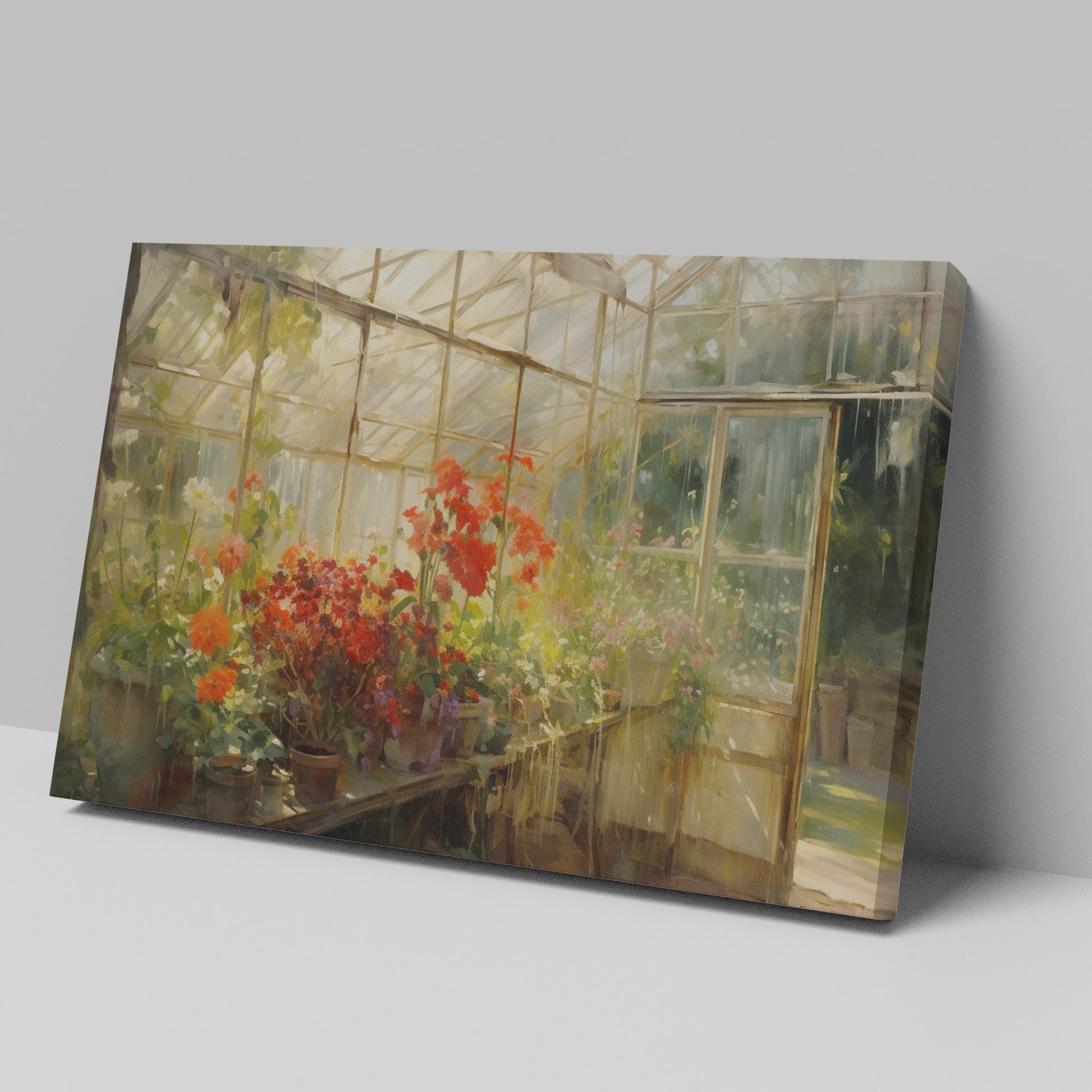 Framed canvas print of a vibrant greenhouse scene with blooming flowers and sunlit warmth