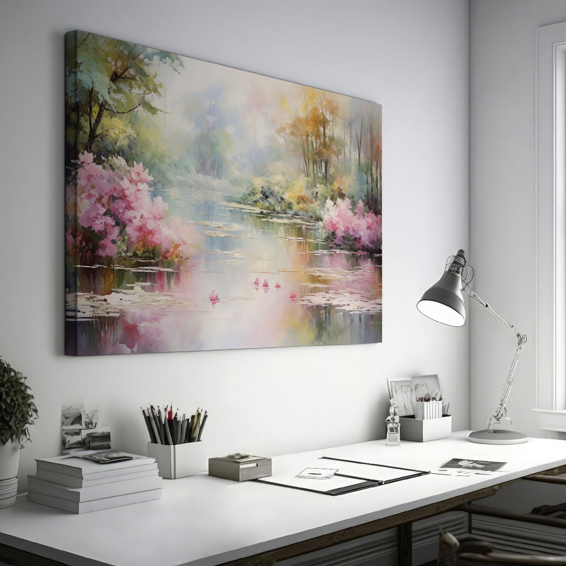 Framed canvas print of a serene impressionistic painting featuring a lake, azalea blooms, and a reflection of trees